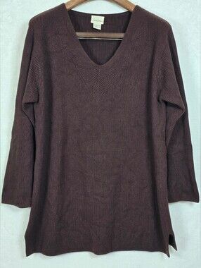 Vintage 80s Neiman Marcus Brown 100% Cashmere V Neck Ribbed Tunic Sweater Sz L